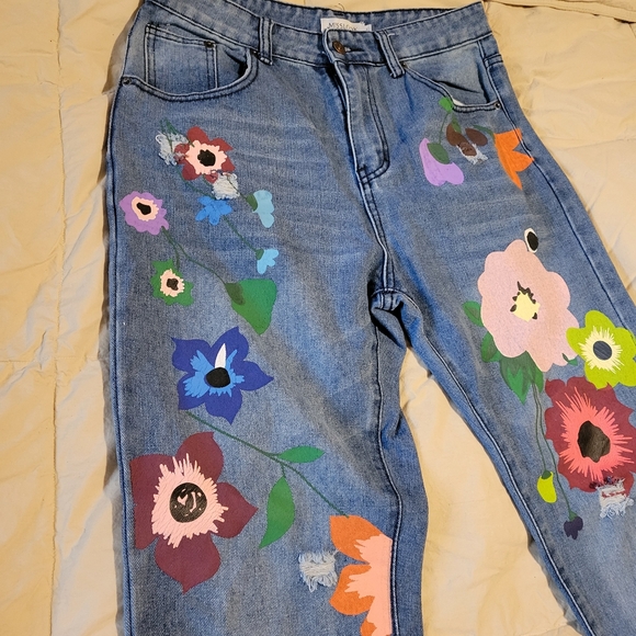 Misslook Hippie Floral Straight Leg Jeans Mid Rise Light Wash Size L - Picture 11 of 16